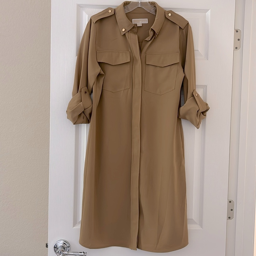 Michael Kors Elegant Tan Shirt Dress, Long Sleeve With Roll Tabs- Size Small